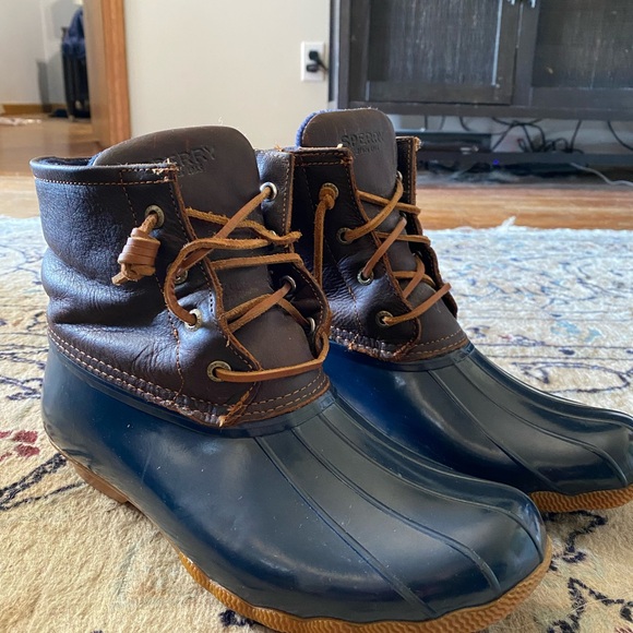 Navy and Brown Duck Boots - Picture 1 of 4
